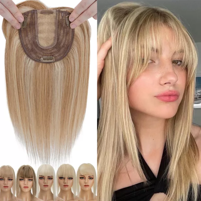 100% Remy Hair Clip In Human Hair Topper Hairpiece Toupee Silk Base Women Wigs