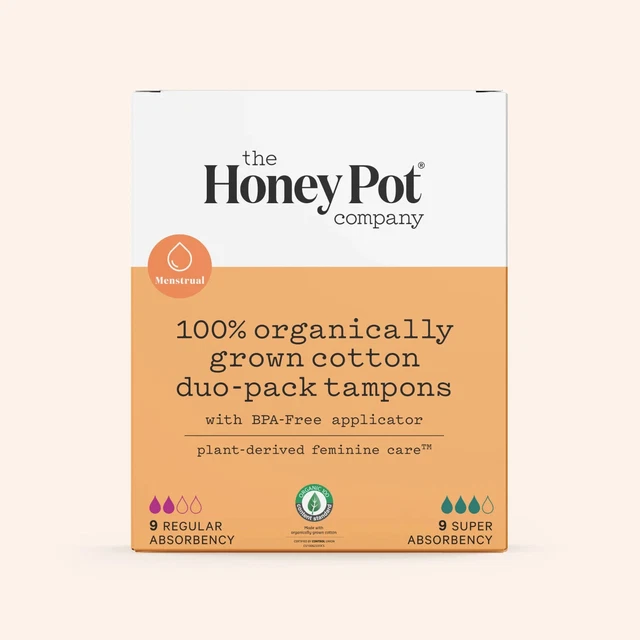 Paquetes de 2 tampones dúo Honey Pot con aplicador de bioplástico, 9 regulares y 9 súper