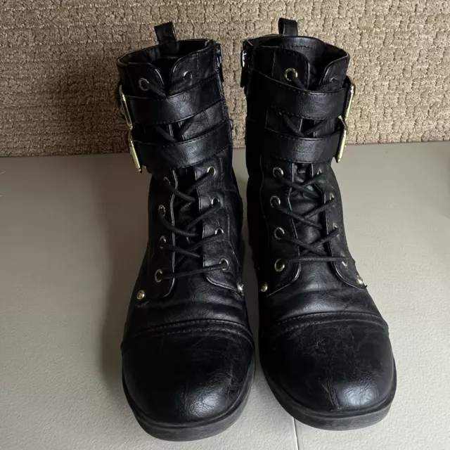 Guess Black Combat Boots Moto Double Buckle Gold Womens 8.5