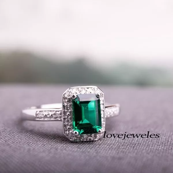 14K White Gold Finish 2.50CT Real Green Emerald Engagement Wedding Halo Ring