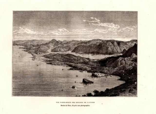 19th PANORAMIC VIEW OF THE MOUTHS OF CATTARO MONTENEGRO WOODCUT