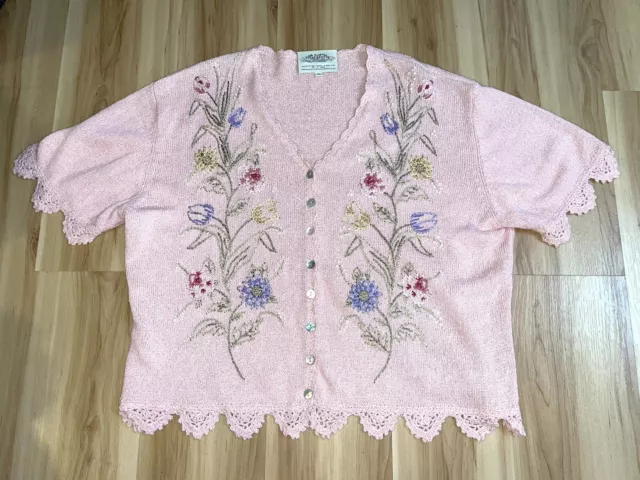 Vintage SUSAN BRUSTOL Pink Froral Hand Embroidery Crochet Lace Cardigan Sz XL