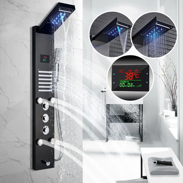 Acero Inoxidable Panel de Ducha LED Columna Lluvia y Cascada Chorro de Masaje de