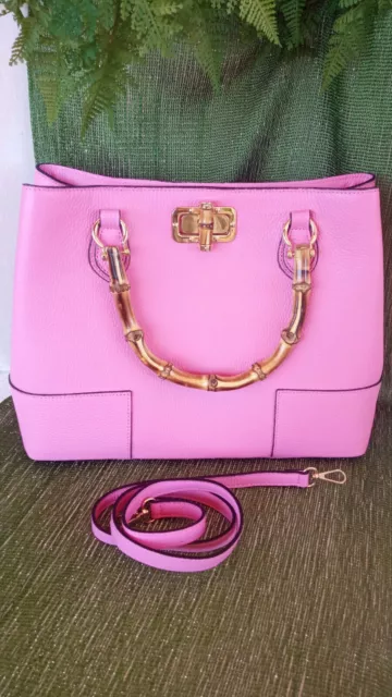 Bolso de piel auténtica para mujer y niña con asas de bambú rosa.Bolso de... 2