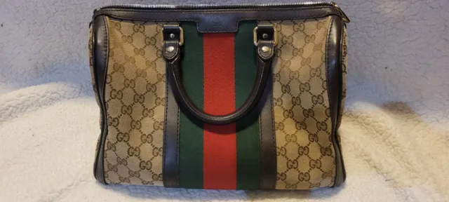 Authentic Gucci Signature Green Red Strip Boston Bag