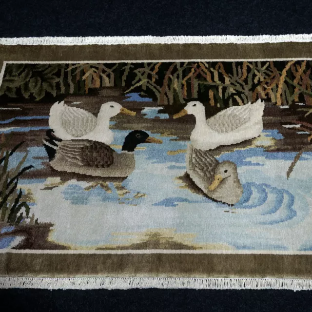 Tapis en Soie Chine 92 X 62 CM Soie Orient Tapis Canards Motifs Noué à la Main