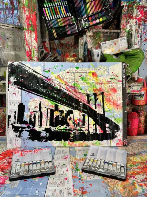 Brooklyn Bridge And Down Town Skyline Made On Original New York Subway Map