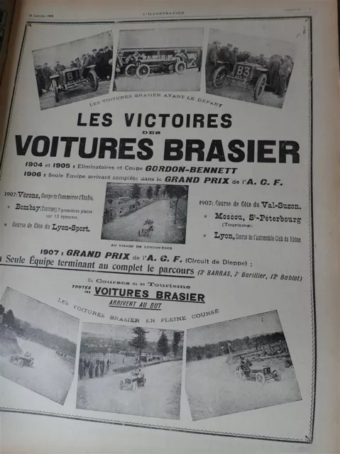 BRASIER victoires automobiles à IVRY PORT publicité papier ILLUSTRATION 1908 col