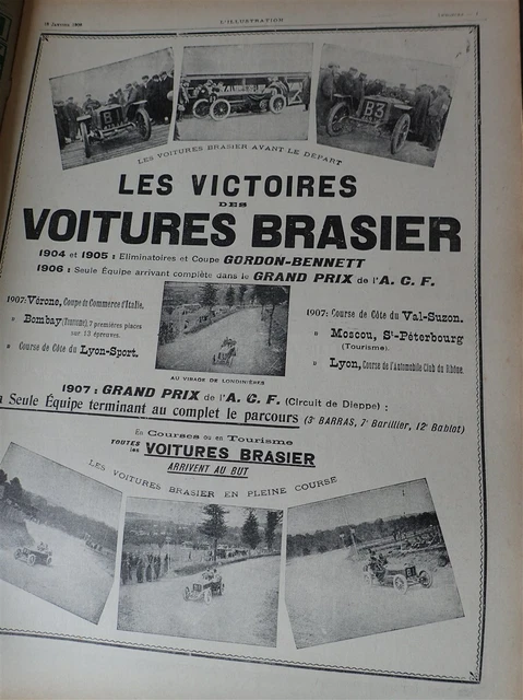 BRASIER victoires automobiles à IVRY PORT publicité papier ILLUSTRATION 1908 col