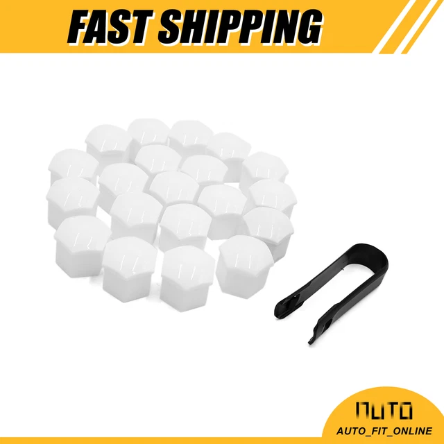 TWENTY 17mm Car White Wheel Lug Nut Bolt Cover Caps Universal with Removal Tool