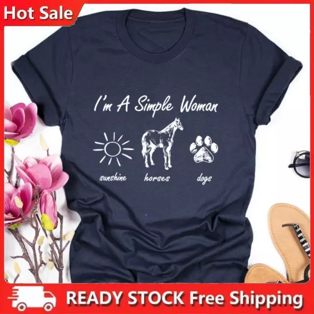I m A Simple Women Horses Dogs Round Neck T-shirt-016235-Navy Blue-XL