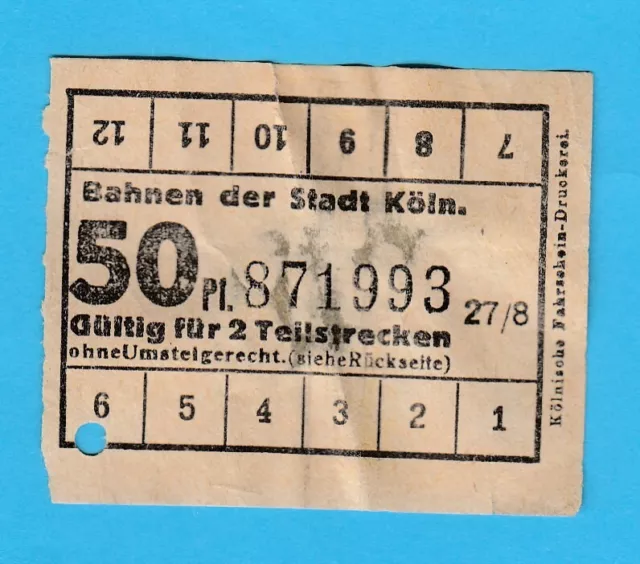 Alte Fahrkarte. Bahnen der Stadt Köln, für 2 Teilstrecken, 50 Pf., um 1915