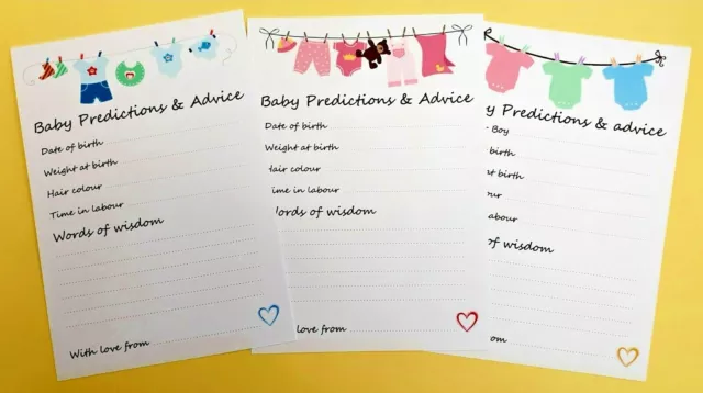 Cartes de jeux de prédiction et de conseils pour baby shower rose ou bleu ou neutre fille garçon