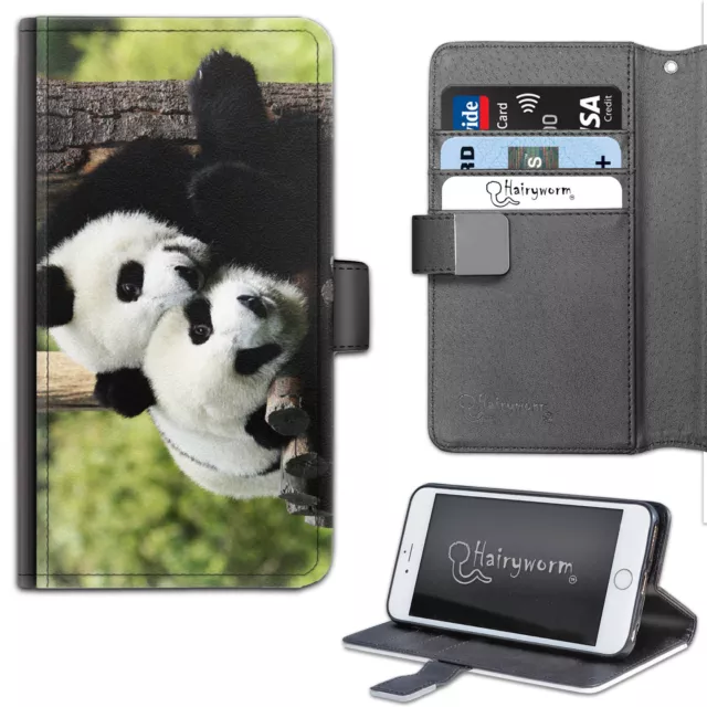 Deux Panda Ours Câlin Cuddle PU Cuir Portefeuille Téléphone Étui ; Étui à Clapet