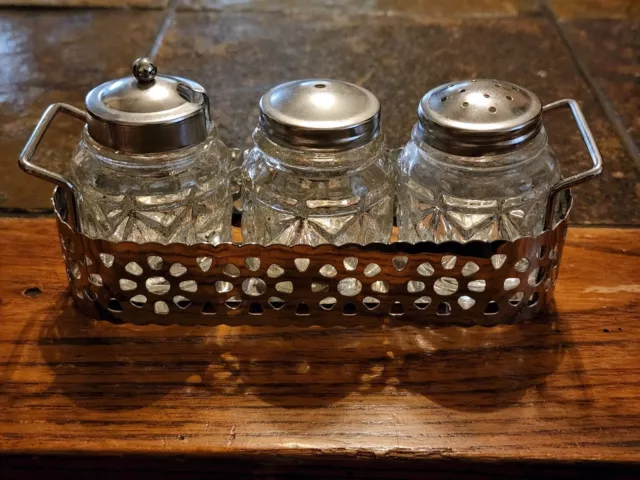 VINTAGE Glass Salt & Pepper Shakers + Sugar Shaker & Tray  MADE IN HONG KONG