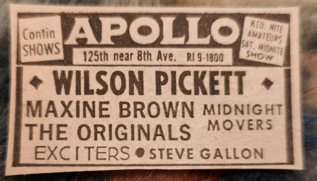 1969 rare tiny ad APOLLO THEATER Harlem WILSON PICKETT. M. BROWN Black Americana