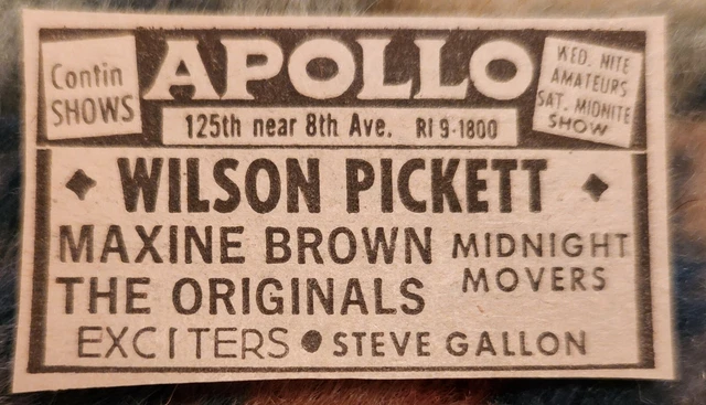 1969 rare tiny ad APOLLO THEATER Harlem WILSON PICKETT. M. BROWN Black Americana