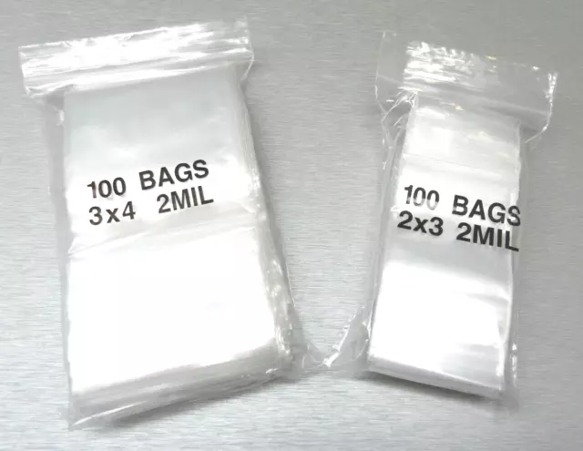 200 Bags Clear 2mil  2 Small Sizes 2"x3" & 3"x4" Poly Reclosable Baggies 100@