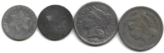 3 cent piece lot of 4. 2 silver trimes & 2 nickel. (9-23)