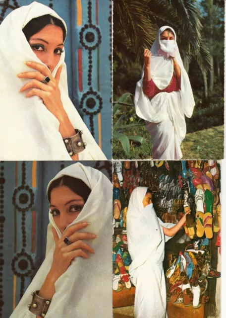 Lot de 4 cartes postales anciennes 10X15cm TUNISIE TUNISIA femmes women voilées