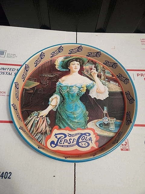 Vintage PEPSI COLA Soda Serving TIN TRAY Metal Advertising Deep Dish Lady 13 In.