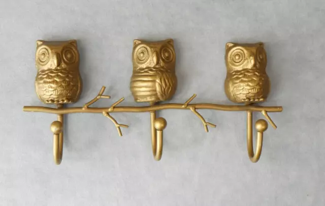 Vintage Owl Key Holder Brass Color Tone Wall Mount Metal Hooks Jewelry Boho Art