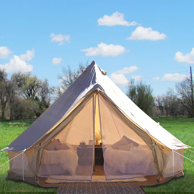 Tenda Campana in Tela 5m Tenda da Campeggio per Famiglie Feste Attività all'Aperto con Foro per Stufa a Legna e Borse di Stoccaggio Capienza ca. 8 Persone, BBQ Esterno, Gruppi all'Aperto