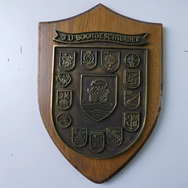Messingwappen auf massiver Eiche ca. 850g 3.U-Bootgeschwader To-6141
