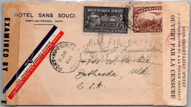 Schallstamps Haiti 1945 Postal History Wwii Airmail Dual Censored Cover Addr Usa