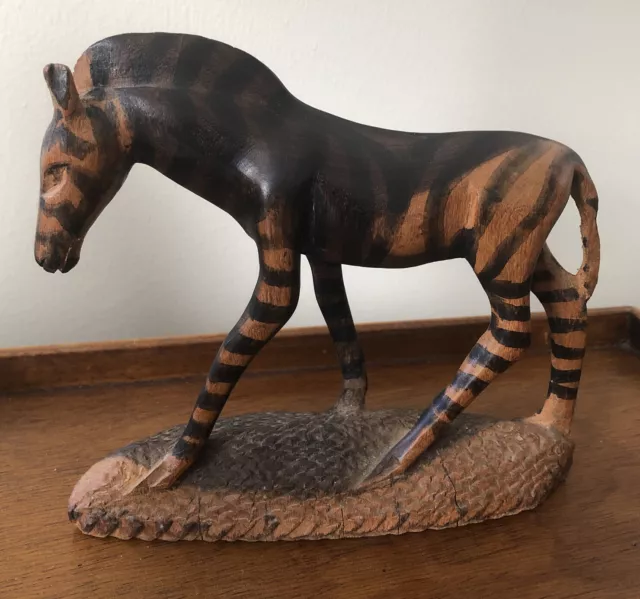 Vintage Wooden Hand Carved Zebra Figurine