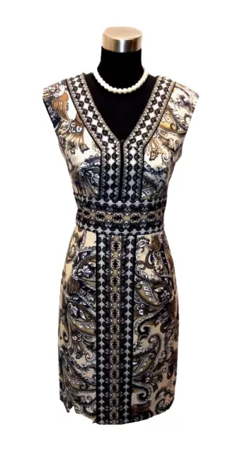 Signature London Style Dress Sz 8 Black White Brown Yellow Gray Midi Sheath M