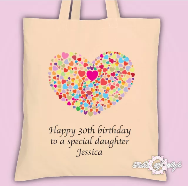 PERSONALISED  Bag 18th 21st 30th Any Text Heart Relation BIRTHDAY Girl Natural