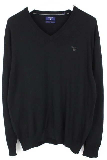 Gant Premium Cotton Maglione Uomo ~ XL Pullover Maglia Scollo A V Nero