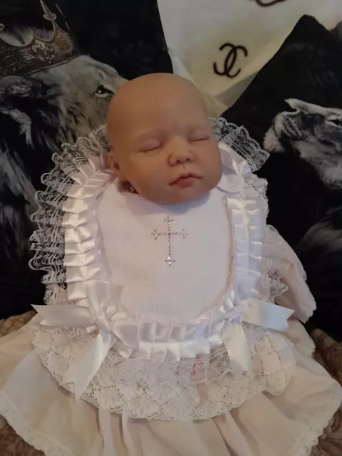 baby girl /boy diamonte cross white lace satin ribbon Ruffle Bib christening