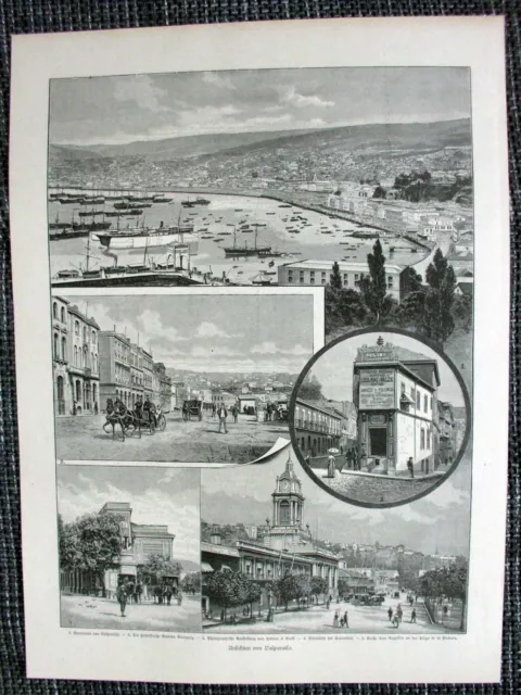 Valparaíso Chile Ansichten Hafen San Augustin Original HOLZSTICH von 1890