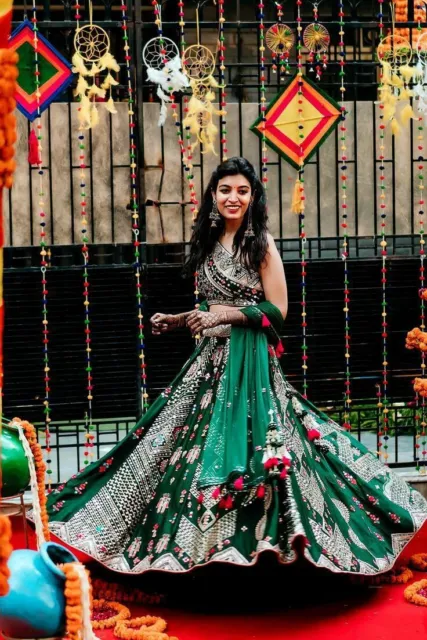 Bollywood Festa Matrimonio Semi Cucito Sposa Lehenga Choli Indiano Stile Etnico