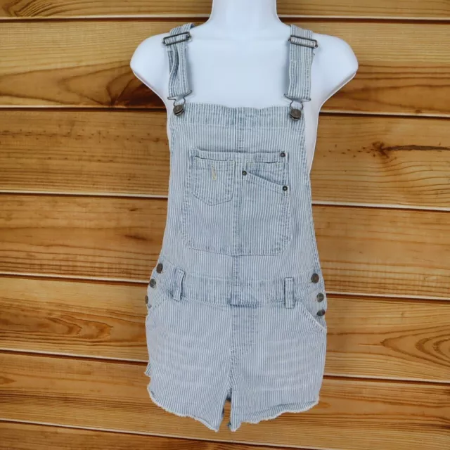 Union Bay Overalls Shorts Womens XS Blue White Striped Pockets Buckles Cut Off