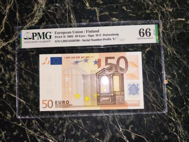 Euro 50 Banknote Pmg 66 🇪🇺 W.f.duisenberg Finland 2002 "L" Rare Rare ***