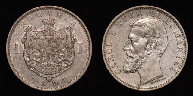 ROMANIA 1894 One 1 Leu - Carol I Silver Coin KM# 24