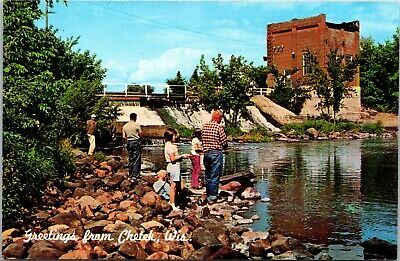 Fishing Below North States Power Company Dam  Chetek River Wisconsin Postcard 2