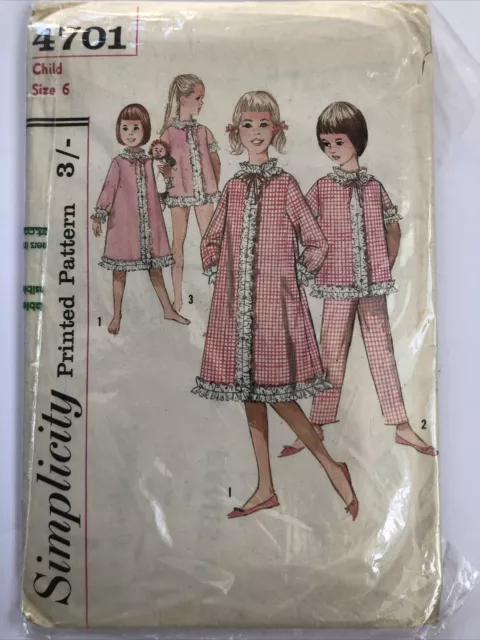 Vintage Simplicity Pattern 4701 Child's Pajamas in 2 Lengths & Robe Size 6 CUT