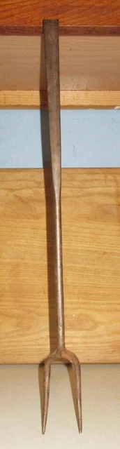 Antique Large 18 7/8" Blacksmith Made 2 Prong Forged Iron Roasting Cooking Fork