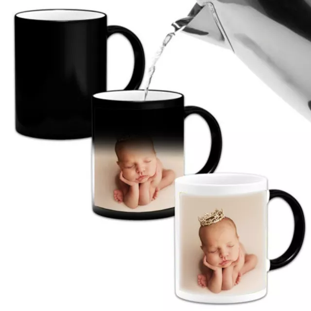 Personalisierter magischer Becher Farbwechsel Tasse maßgeschneidert schwarz Kaffee Tee Foto Geschenkidee