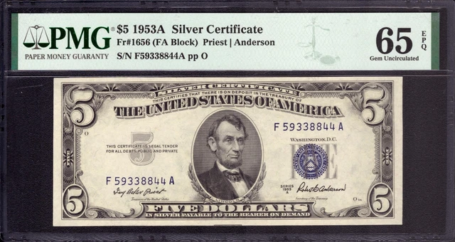 1953 A $5 Silver Certificate Note Fr.1656 Fa Block Pmg Gem Unc 65 Ppq