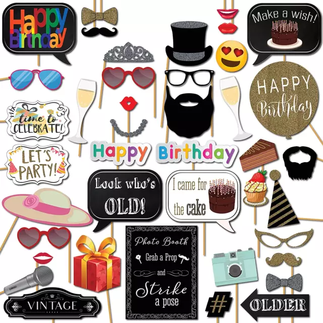 Birthday Photo Booth Props, 41 Pcs Photo Prop Kit with 8 X 10-Inch Sign, 60 Adhe