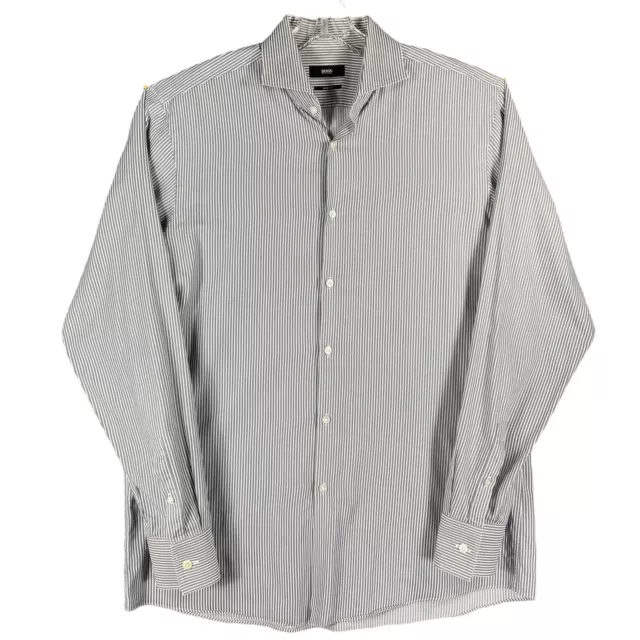 HUGO BOSS Sharp Fit Dress Shirt Men’s 16 34/35 Long Sleeve Gray Stripe Spread