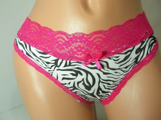 Vintage Panties -Honeydew Red Lace Trim Zebra Striped Thong Panty, S/M