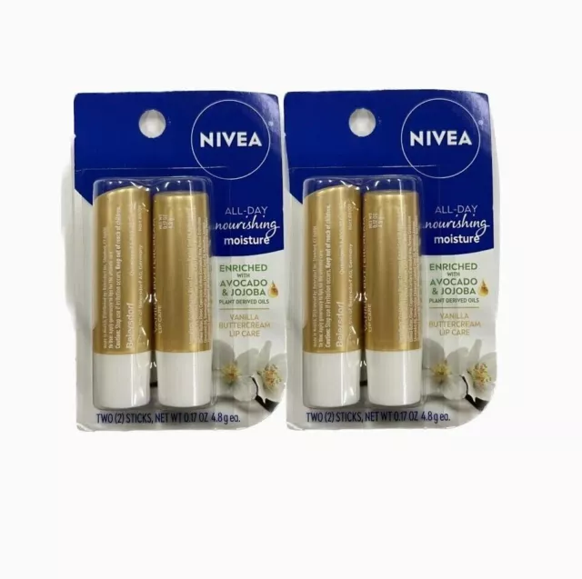 Nivea Vanilla Buttercream Lip Care Moisturizing Balm, Two 2 packs (4 Sticks) NEW