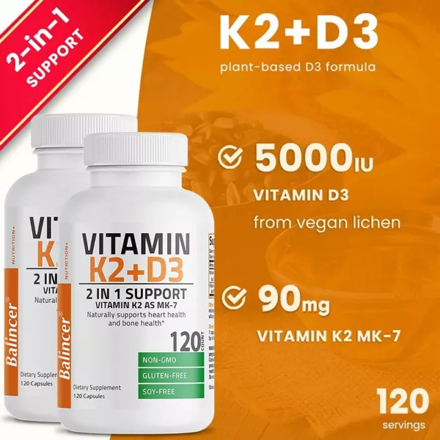 Vitamin K2 (MK-7)+D3 Naturally Supports Heart and Bone Health Non-GMO Supplement