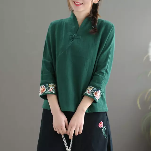 Donna Ricamo Camicia Stile Etnico Camicetta Retrò Casual Bottoni Cinese Asiatico